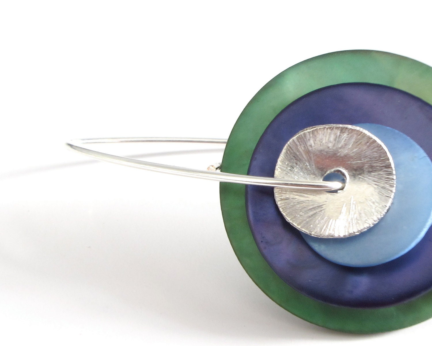 sterling silver mother of pearl dangle earrings . geometric jewelry. TRIPLE green and blue