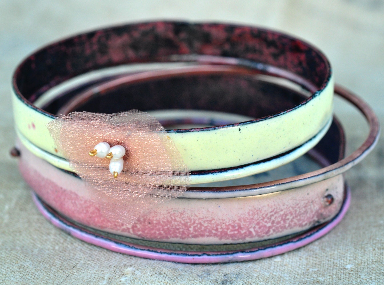 Handmade Bangle Set - Le Petit Trianon - Enamel & Pearl Bracelets