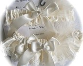 Ivory Satin Garter Set with  Ivory Wedding Rose Venice Lace Edge and Sapphire Rhinestone Studded Horseshoe Bridal Charm