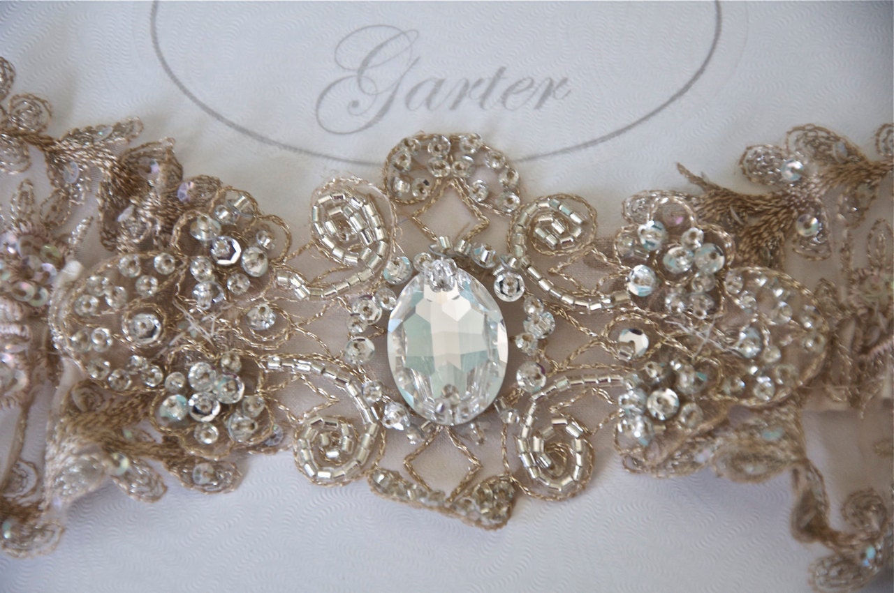 Wedding Garter Set for Bride in Champagne Heirloom Garter Lace