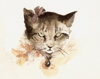 cat art, watercolor, nursery decor, peach, pink, pale, "Portrait of Mittens"