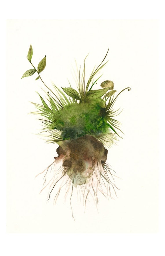 watercolor- Earth- Large moss, spring, green, Botanical Archival Art print of watercolor