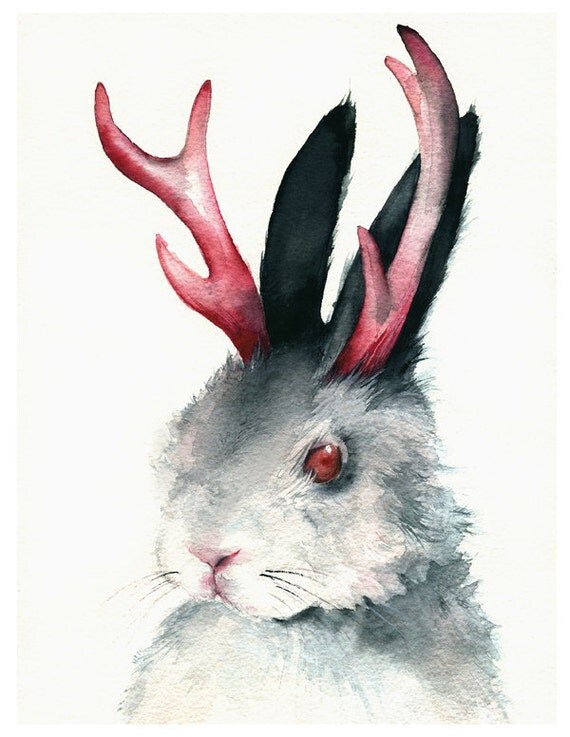 Jackalope Art- "Jack" , Archival art print. .men, antler, pink, grey