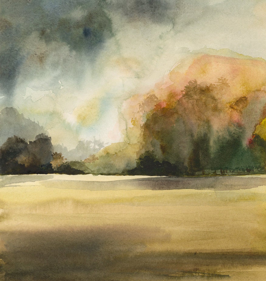 landscape painting, earth tones, natural, decor,watercolor, wall art- "Autumn Day No. 2" Limited Edition Print