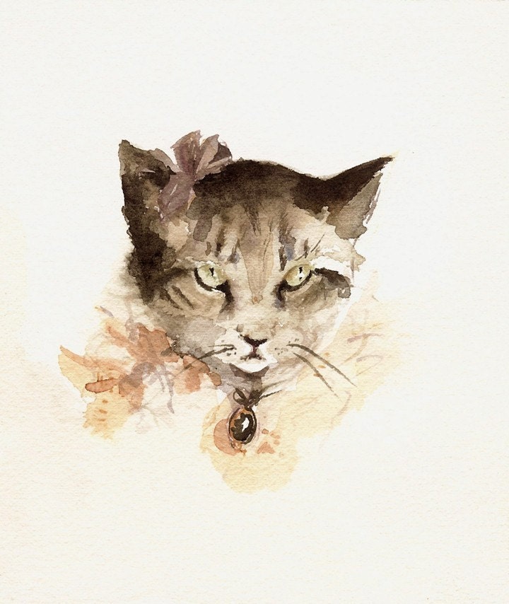 cat art, watercolor, nursery decor, peach, pink, pale, "Portrait of Mittens"