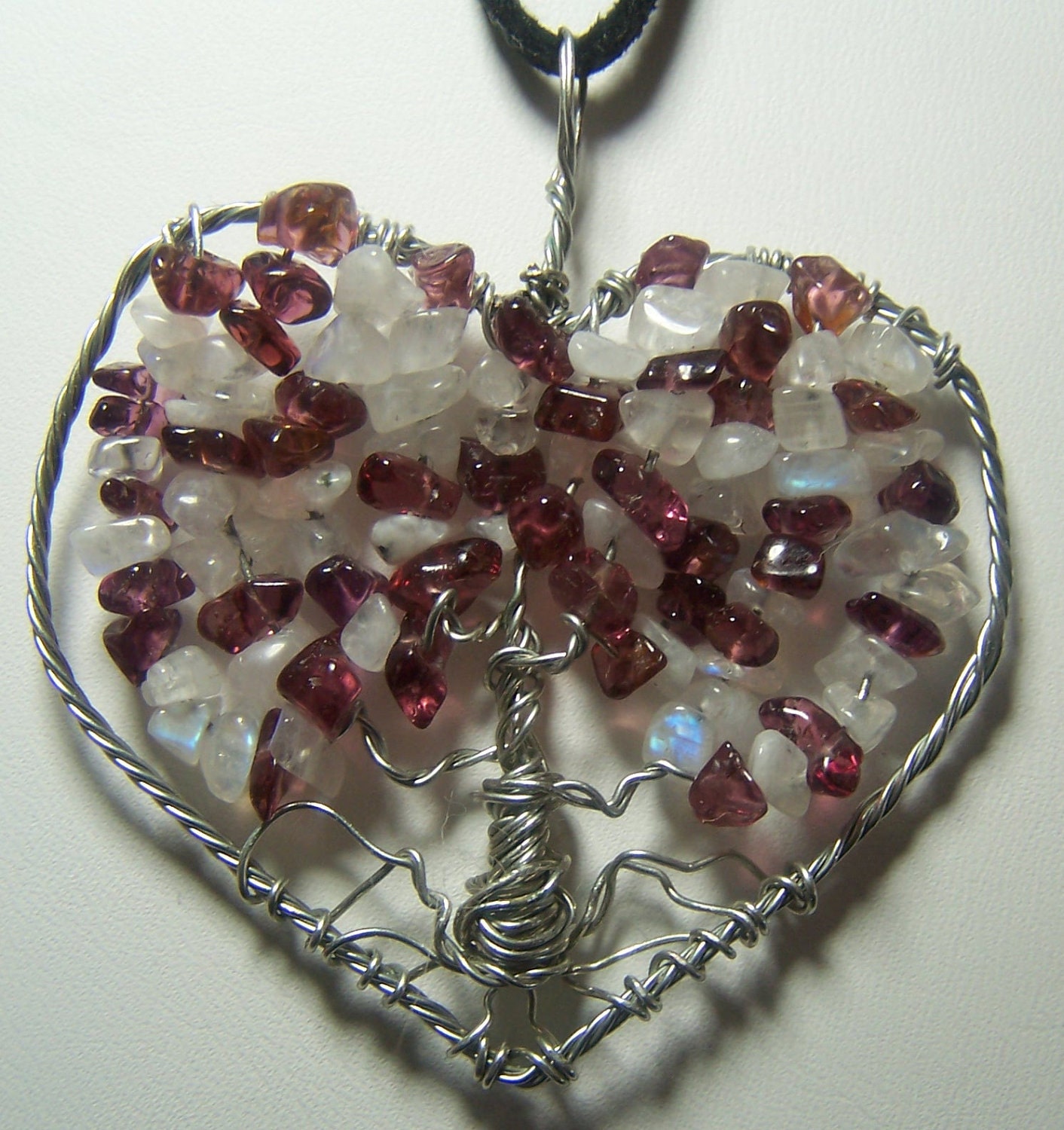 Garnet and Rainbow Moonstone Tree of Life heart pendant necklace, silver, and black suede cord January June birthday birthstone