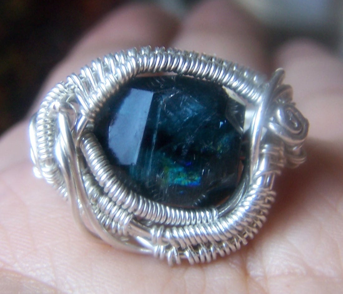 Blue Tourmaline Ring - bi color Indicolite Crystal faceted Gemstone - wire wrap Green rainbow catseye ring - Sterling SIlver 7 3/4