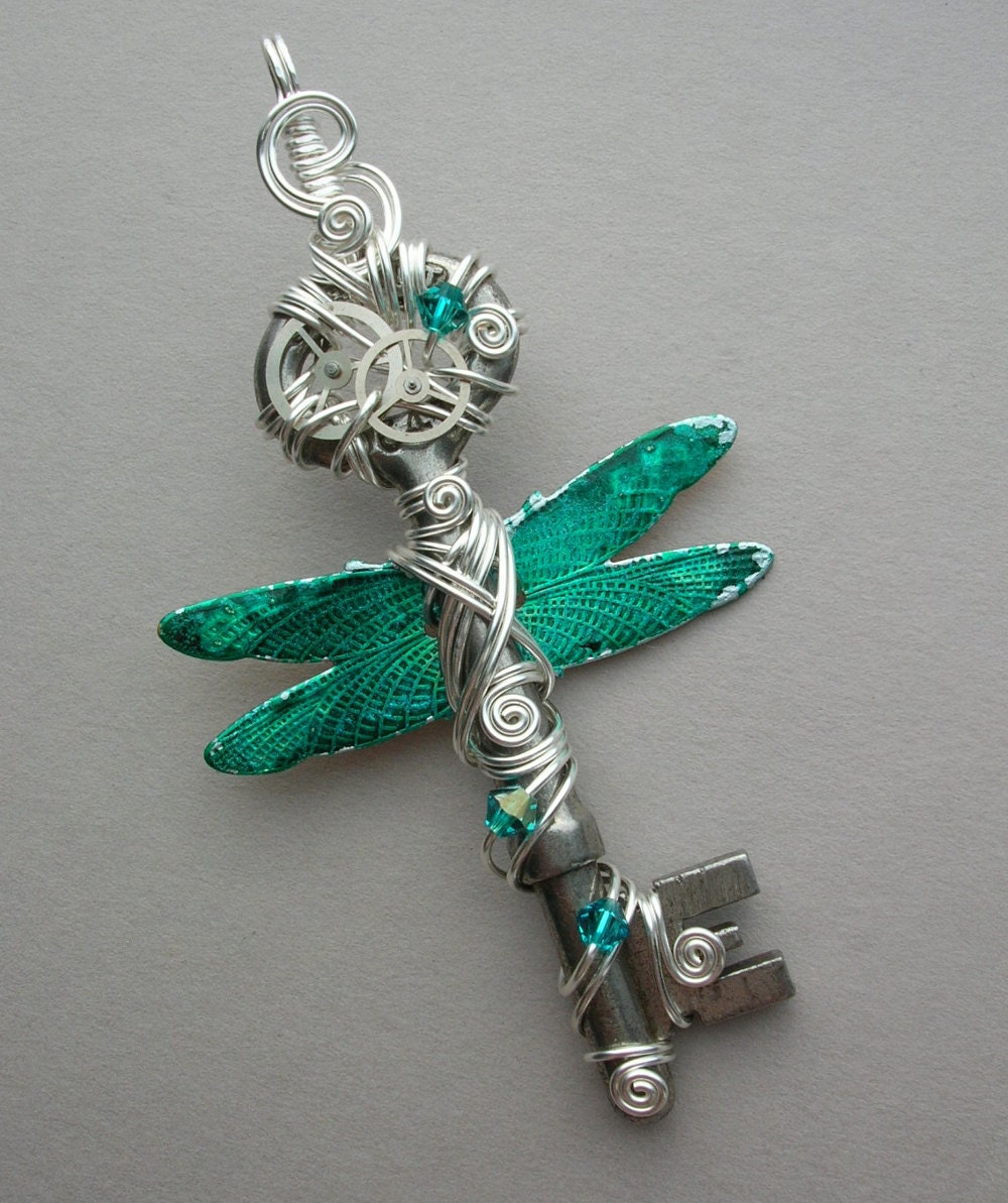 Dragonfly Clockwork Key Pendant -- Silver Wire Blue-Green Inked Steampunk Dragonfly Winged Key with Gears, Swarovski Crystals (Key to Time)