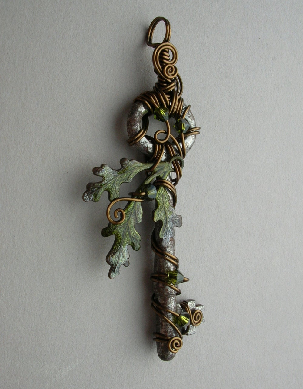 Oak Key Pendant -- Wire Wrapped Key Pendant with Green/Brown Inked Brass Triple Oak Leaves, Bronze Wire, Swarovski Crystal