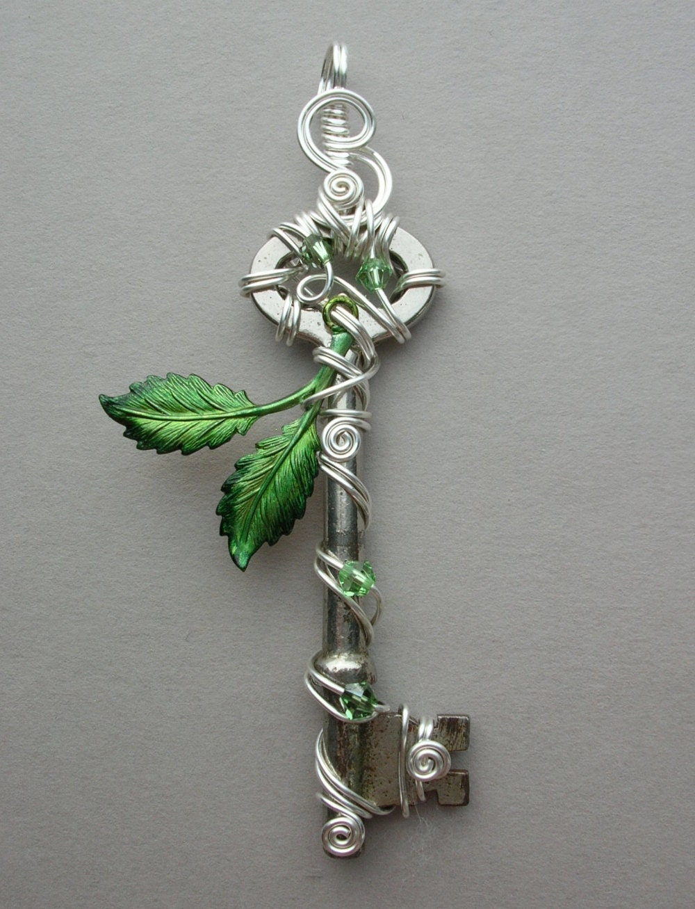 Spring Leaves Key Pendant -- Green Inked Birch Leaves Silver Wire Wrapped Key with Swarovski Crystals