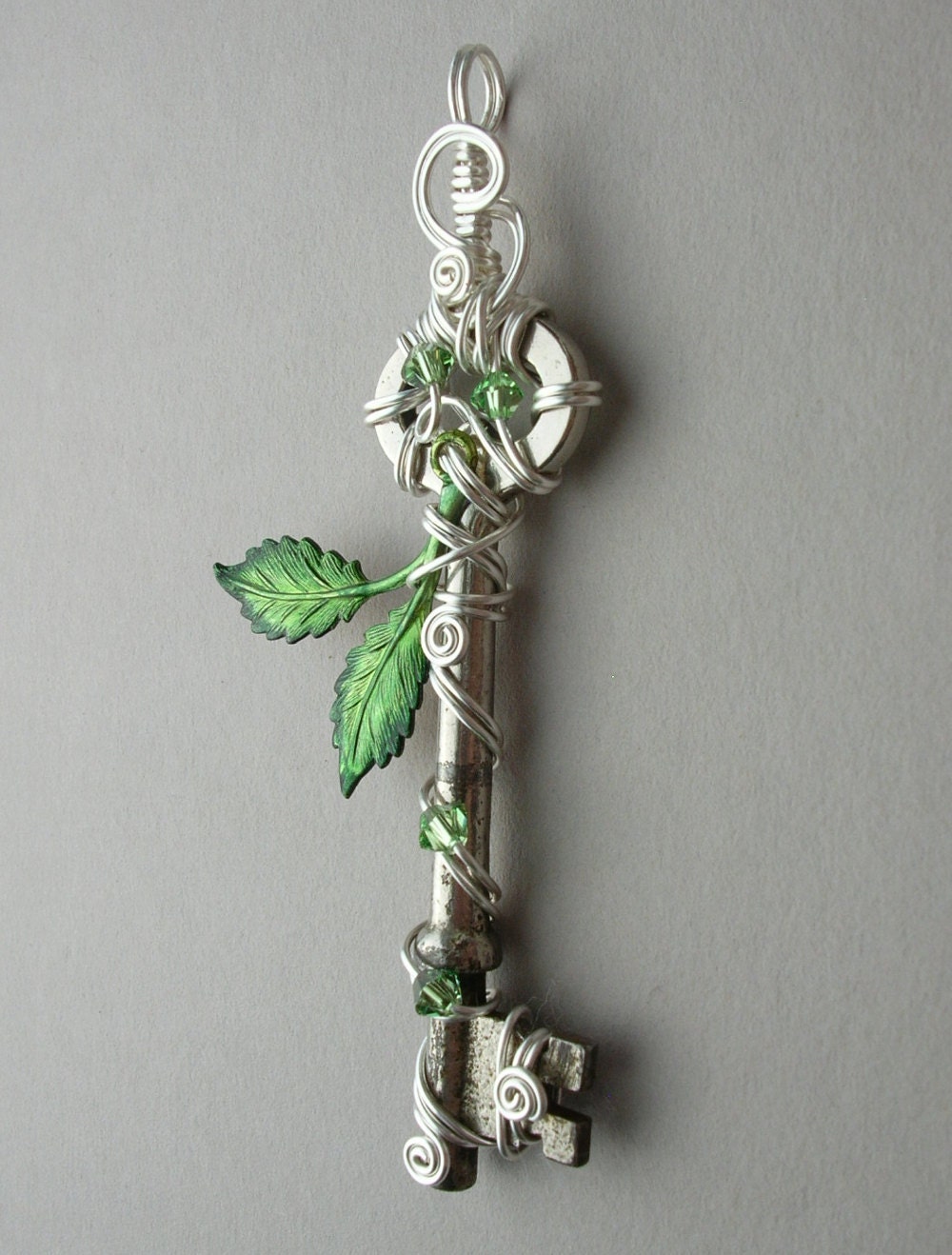 Spring Leaves Key Pendant -- Green Inked Birch Leaves Silver Wire Wrapped Key with Swarovski Crystals