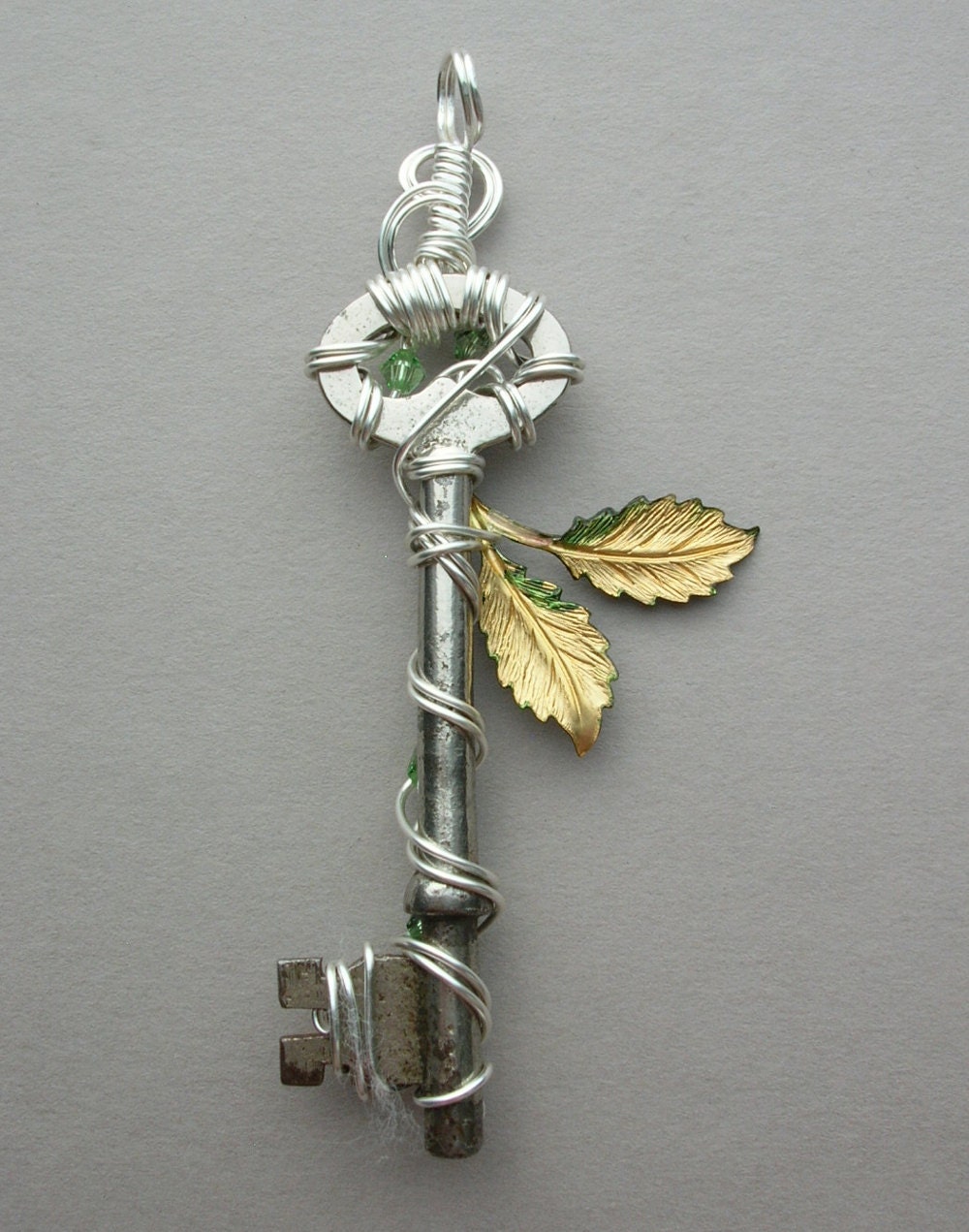 Spring Leaves Key Pendant -- Green Inked Birch Leaves Silver Wire Wrapped Key with Swarovski Crystals
