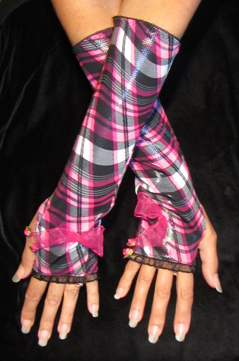 Plaid Pink & Black Arm Warmers -Gothic Dark Tribal Costume Yoga Cycling Emo Fingerless Gloves