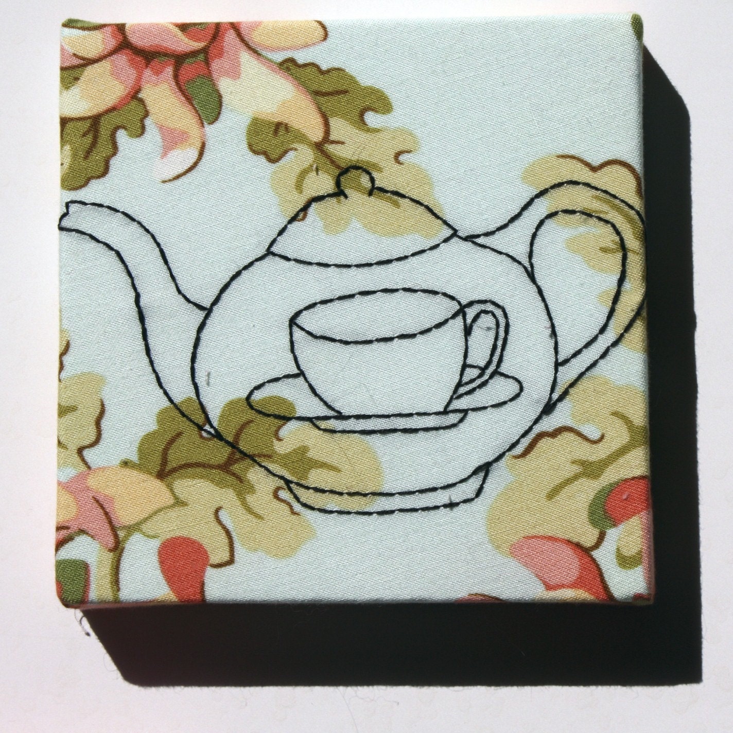 Tea Pot, Tea Cup - Hand Embroidery - Teal and Peach Floral- 5x5