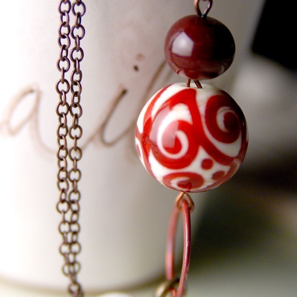 Handmade Lampwork Glass Bead Scarlet & Ivory bracelet with copper