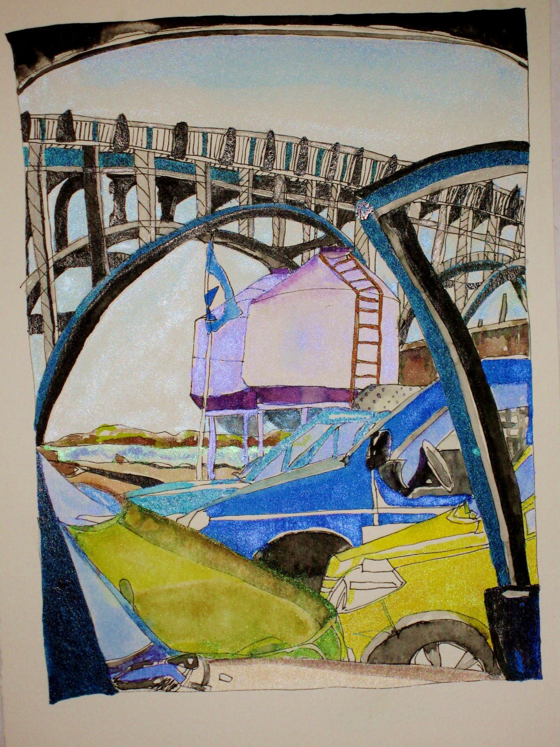 Microbrewery under Bridge - Original drawing with watercolor