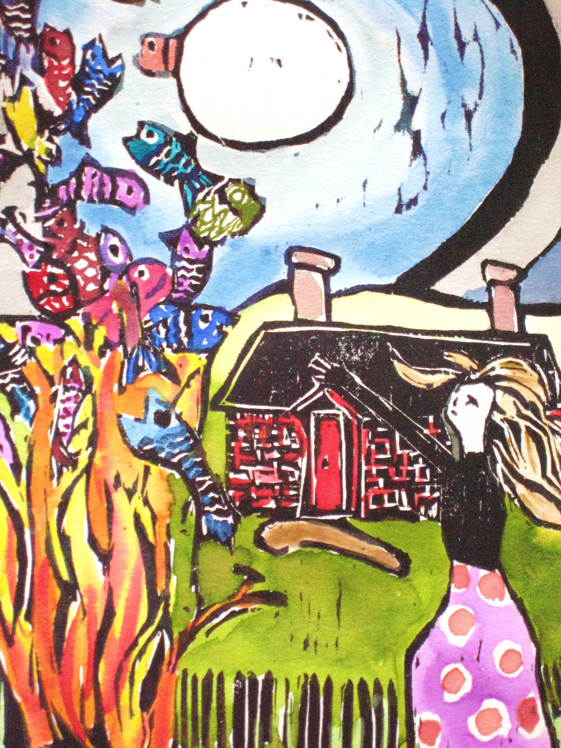 Bonfire of the Fish Spirits - original woodblock print