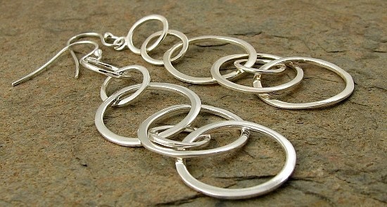 Long sterling silver earrings, dangle earrings. Contemporary silver circle earrings, modern jewelry