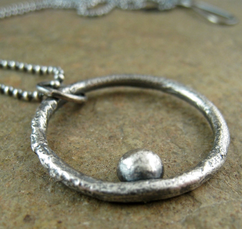 Sterling Silver Mens Necklace Unisex Jewelry, Rustic O Circle Pendant Necklace