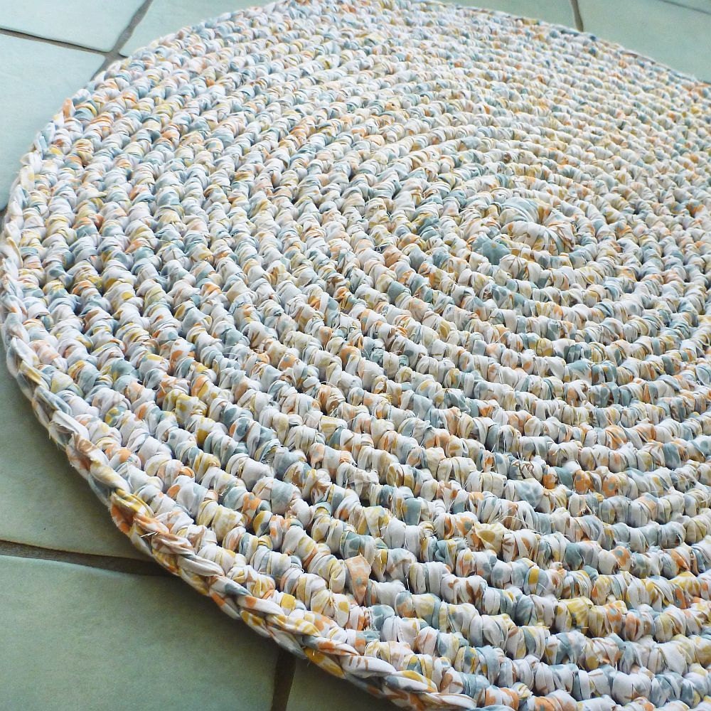 Eco Friendly Round Rag Rug (upcycled fabric crochet in neutral peach gray and mustard)