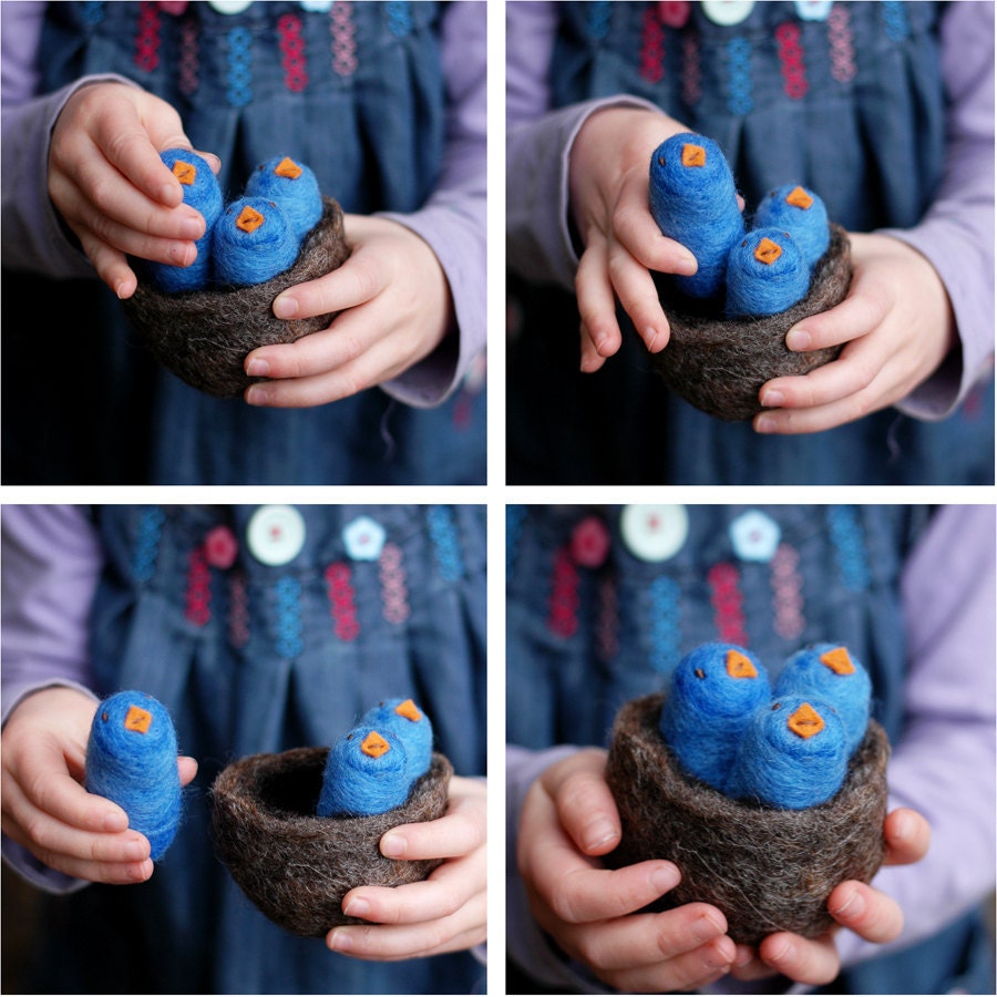 Baby Birds in a Nest - Felted Natural Toy in Blue