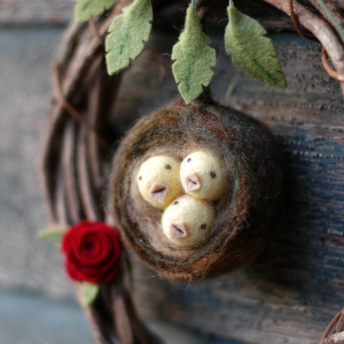 Baby Birds in the Climbing Roses Wreath - Needle Felted Home Decor