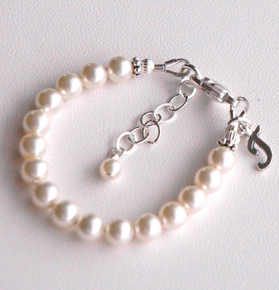 Simple Swarovski Crystal Pearl With Initial  Baby Girl Children Bracelet, Baptism Christening Bracelet