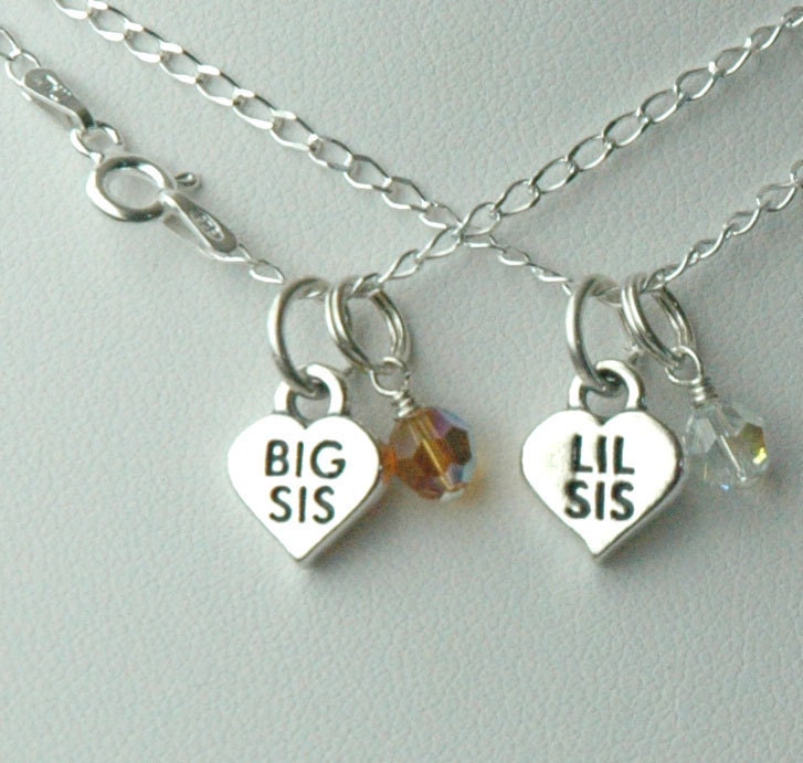 Sterling Silver Big  Sister /  Lil Sister Birthstone Child Girl Necklaces - Set of Two