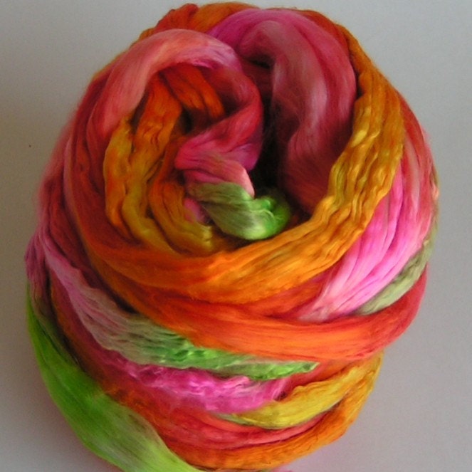 TUTTI FRUITTI Silk Sliver Mulberry Roving Top Fiber Phat Fiber June Feature Luxurious Fine Quality Hand Painted for Handspinning 2 ounces