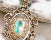 Personalized Brass Locket Necklace with Green stones Vintage Style Jewelry