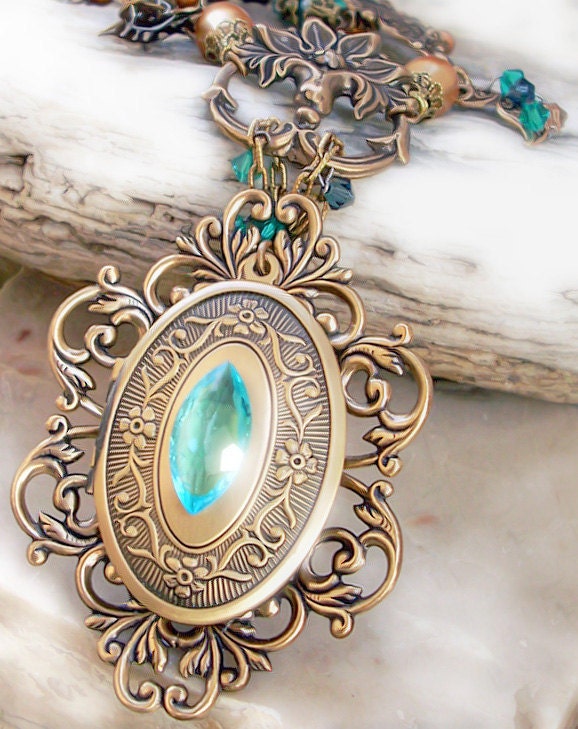 Antique Gold Locket Necklace with Green stones Patina Jewelry