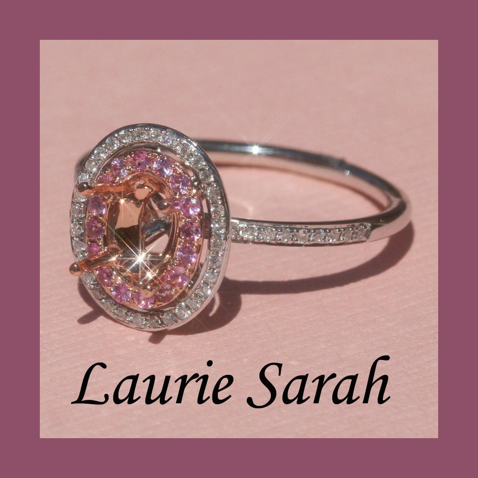 Pink Sapphire and Diamond Double Halo Semi Mount in 14kt White and Rose Gold - Holds 5x7mm Oval Stone - LS1241