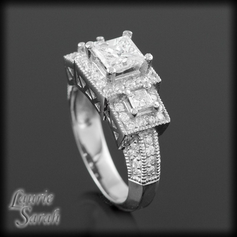 GIA Certified Princess Cut Diamond Three Stone Ring with Halos, Milgrain - Vintage Inspired - LS742
