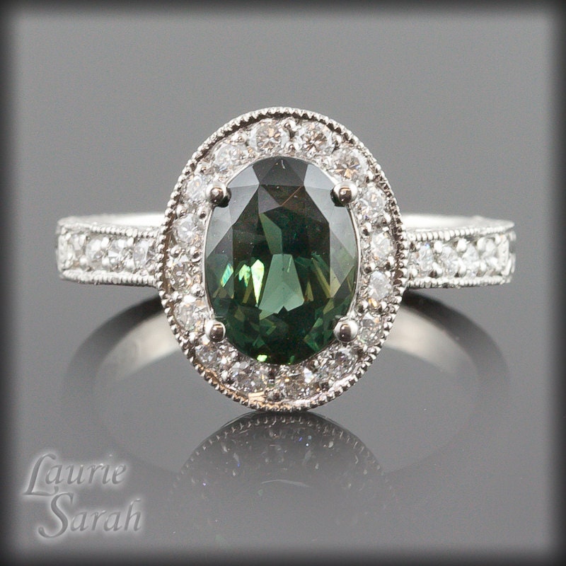Dark Green Sapphire and Diamond Engagement Ring in Platinum - Custom Engraving - LS1801
