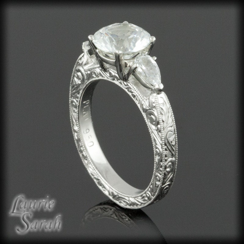 Three Stone Round and Pear White Sapphire Engagement Ring in Platinum with Detailed Hand Engraving - LS2048