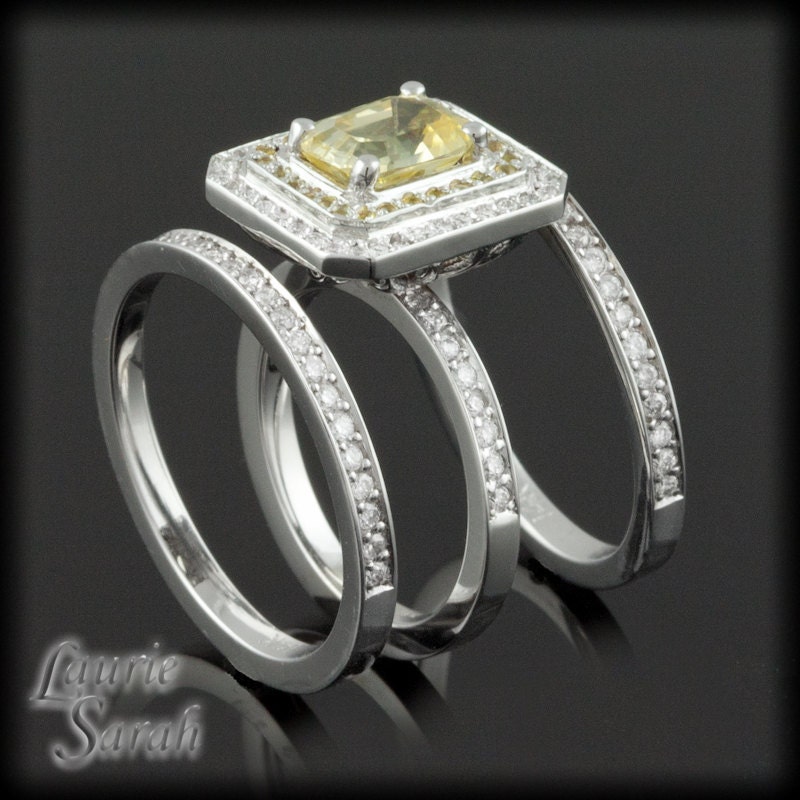 Asscher Cut Yellow Sapphire Three Ring Wedding Set with Yellow Sapphires and Diamonds - LS2071