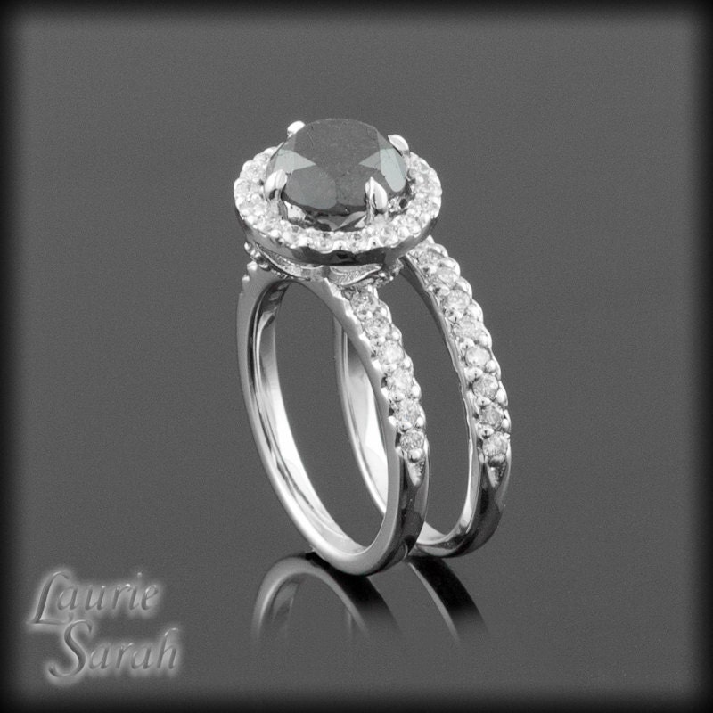 2.5 carat Round Black Diamond Ring with Diamond Halo and Fang Prongs with Diamond Wedding Band - LS1219