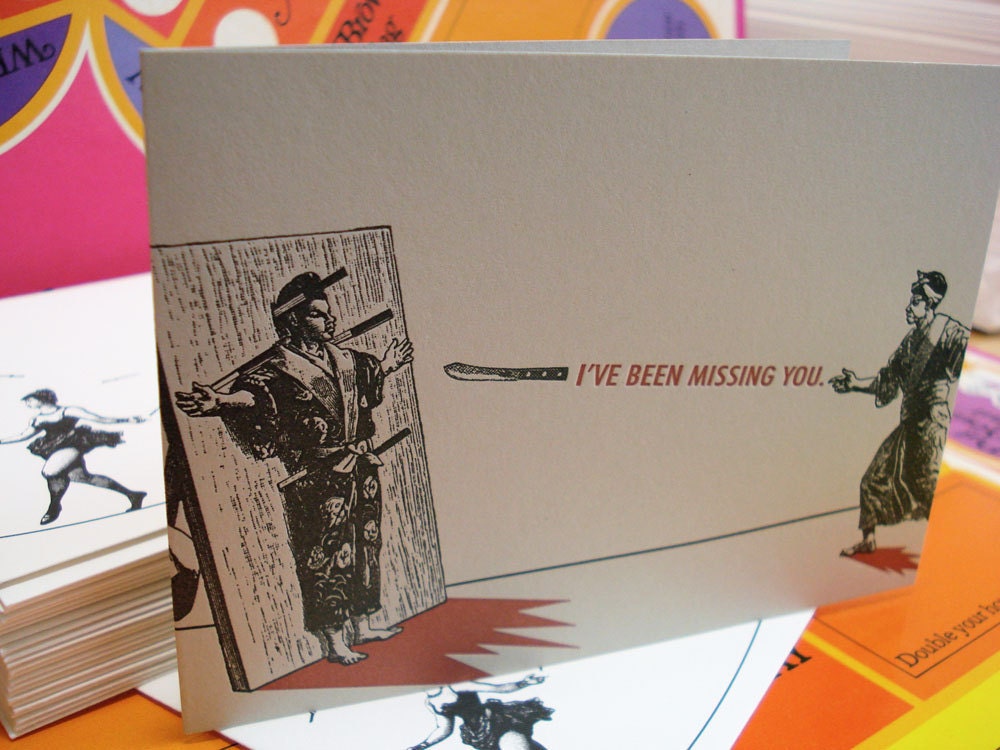 Knife Thrower Missing You - letterpress greeting