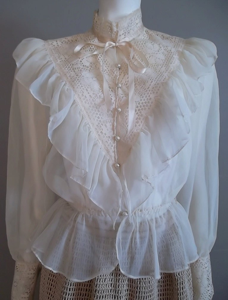 Sheer Victorian Style Lace Frilly Blouse S