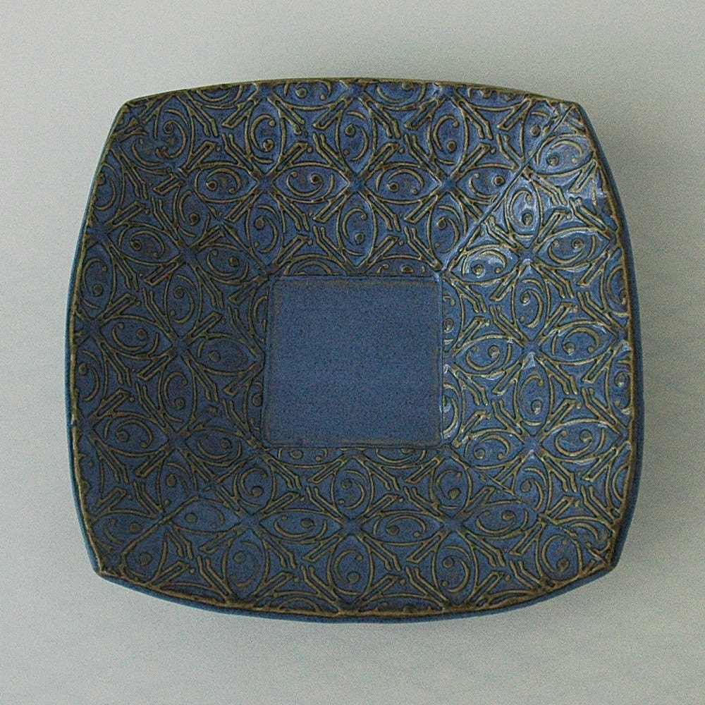 Small Blue Textured Tin Roof Handmade Ceramic Pottery Serving Plate Bowl