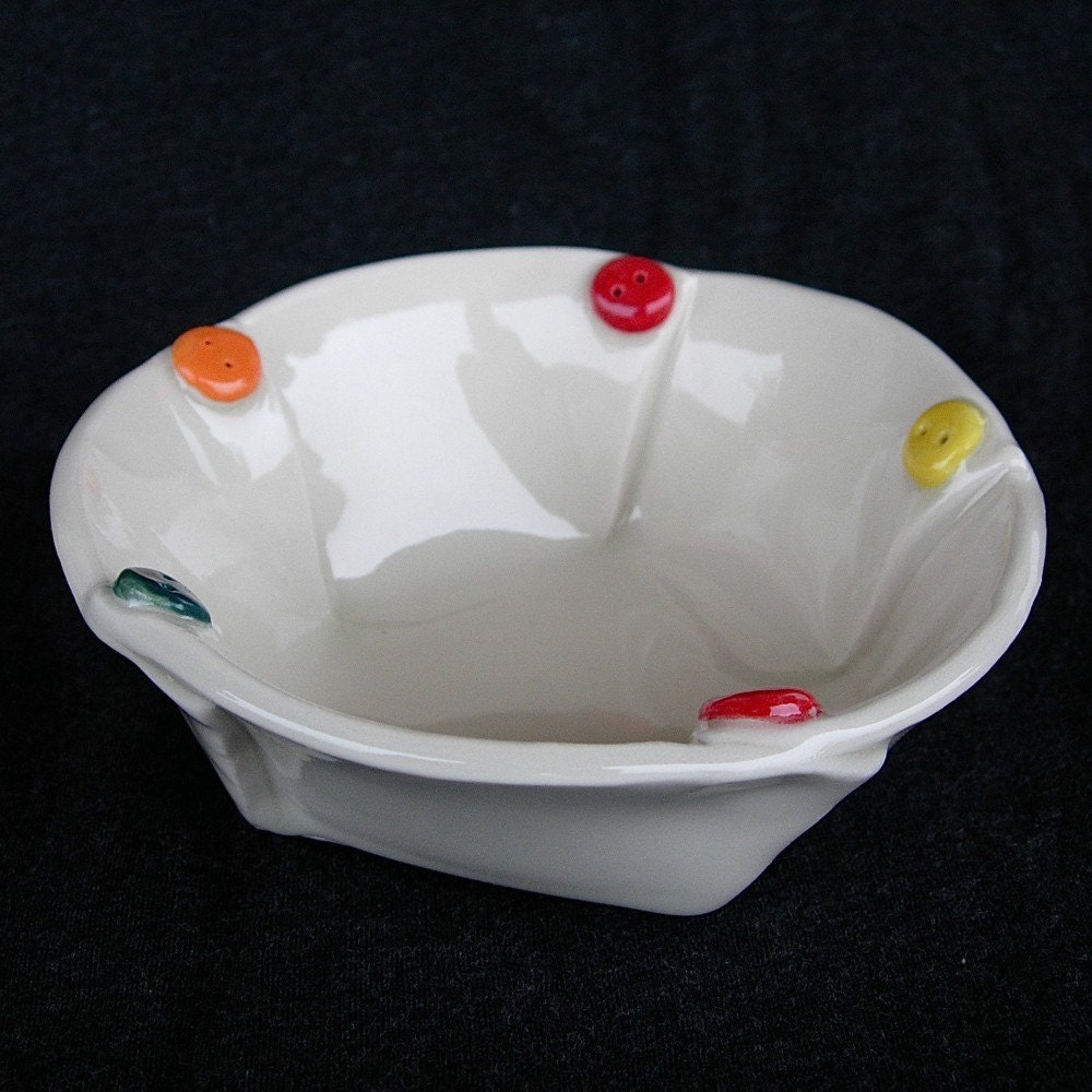 Small White Colorful Painted Button Handmade Ceramic Pottery Serving Bowl