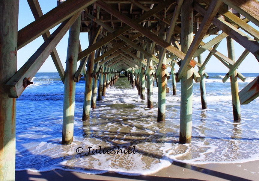 Under the Boardwalk - 8x10 Art Photography, Beach Patterns, sand, sea, Blue, Brown Ocean Pier home decor, Black & White, Myrtle Beach