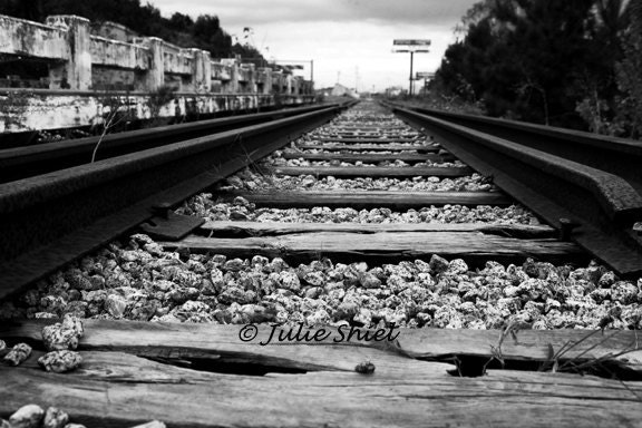 Journey - Abandoned train tracks in black and white, Ground perspective, 8x12 Art Photography Home Office Wall Decor