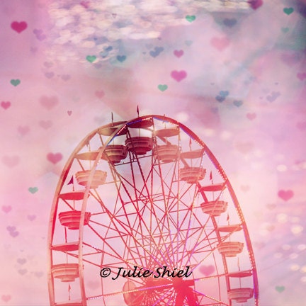 Love is in the Air - Carnival Ferris Wheel with hearts, Pink, blue, purple, green, Fantasy Art Photography, Home Wall Decor Nursery
