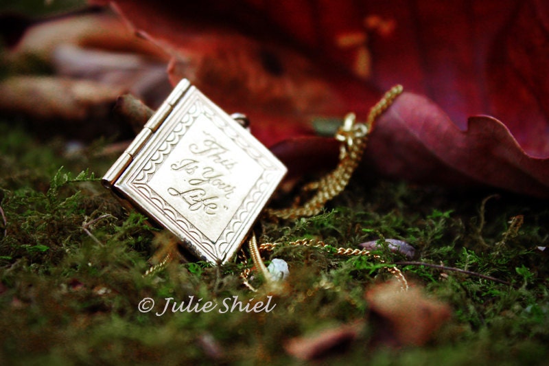 The Locket, Antique gold locket on chain on forest floor, Moss, Autumn leaves, Burgundy, Green, Purple, Blue Woodland Home Office Decor
