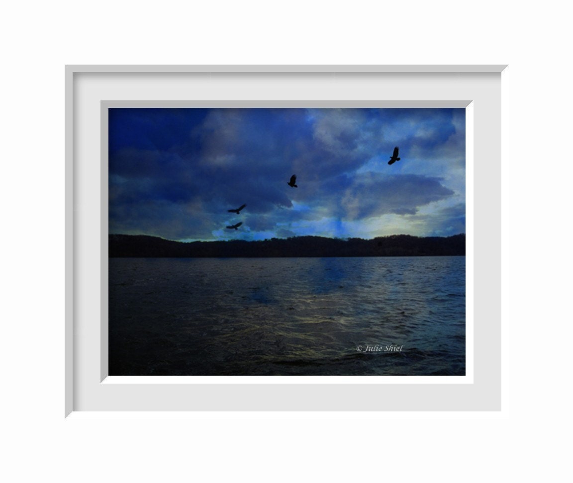 SALE - Sky and water cobalt collage - Twilight Unveils the Secrets of the Sea 8x10 Fine Art Home decor, Dark blue twilight sky, birds, water