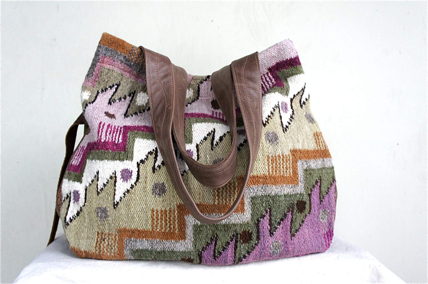 NEW STYLE///JOSEPHINE In Handwoven Native Tapestry with Green Leather
