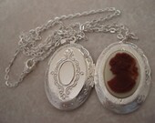 Silver Plated Silhouette Cameo Pendant and Locket Necklace