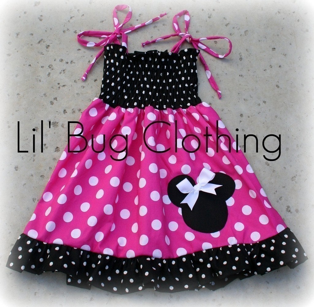 Minnie Mouse Pink Black and White Polka Dot Smocked Dress Custom Boutique Girl.