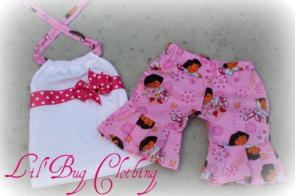 Custom Boutique Pink Dora Ribbon Halter Short size 12 18 24 2t 3t 4t 5t 6 7 girl